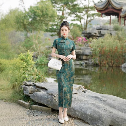 Short-Sleeve Frog Buttoned Floral Print Maxi Qipao Dress