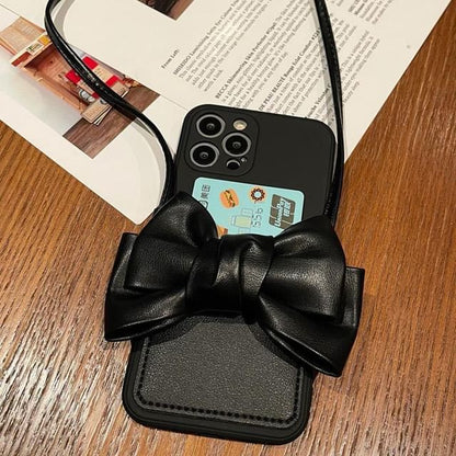Bow Card Holder Faux Leather Phone Case with Lanyard