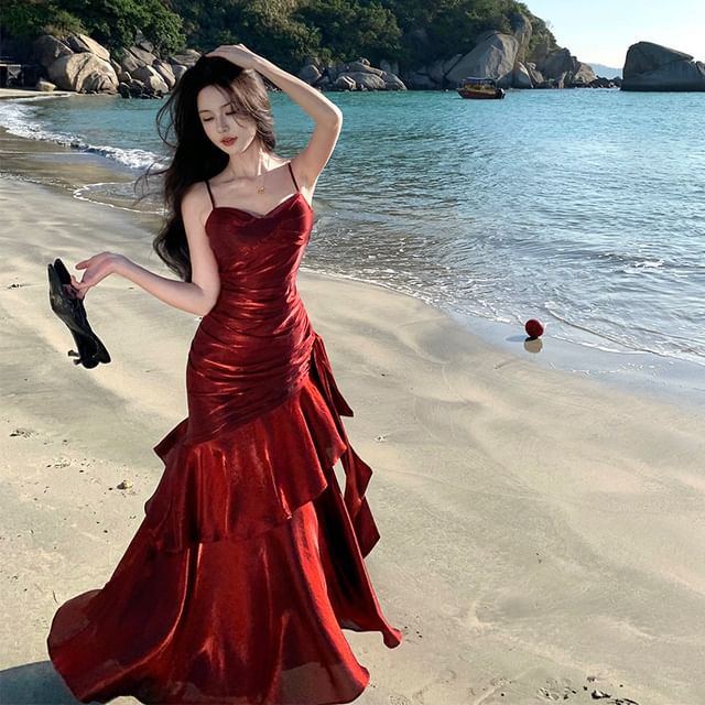 Spaghetti Strap V-Neck Plain Ruched Layered Mermaid Evening Dress