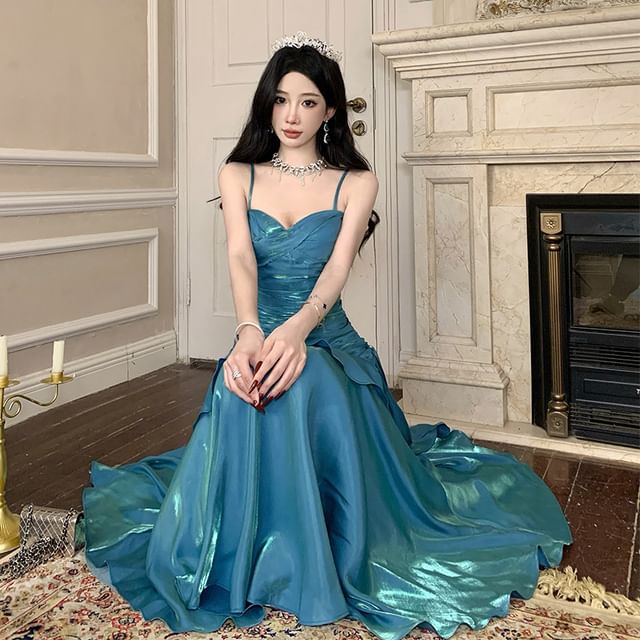 Spaghetti Strap V-Neck Plain Ruched Layered Mermaid Evening Dress