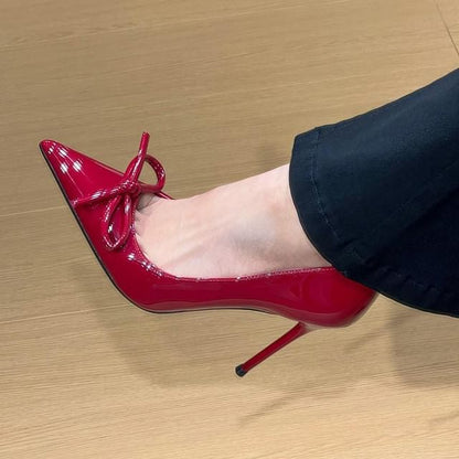 Pointed Toe Bow Patent Leather Stiletto Pumps