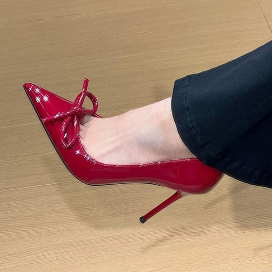 Pointed Toe Bow Patent Leather Stiletto Pumps