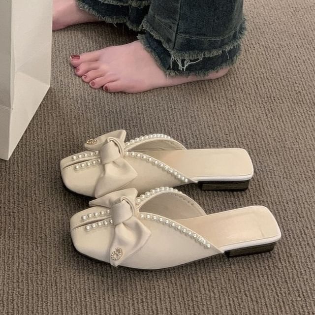 Square Toe Bow Faux Pearl Mules