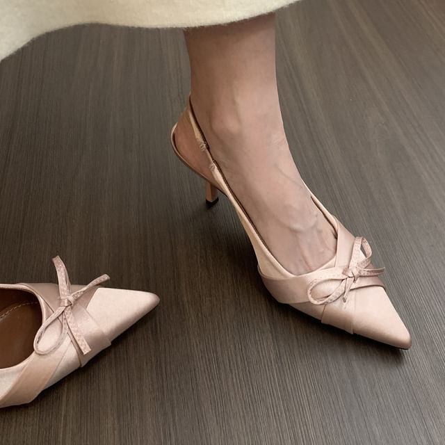 Pointed Toe Bow Satin Slingback Pumps