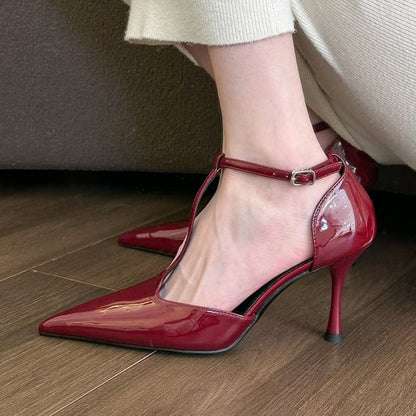 Pointed Toe T-Strap D'Orsay Patent Leather Stiletto Pumps