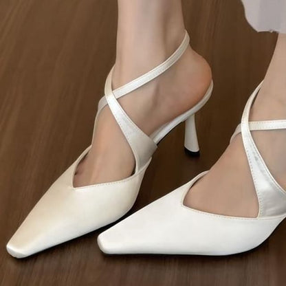 Square Toe Cross Ankle Strap Satin Pumps