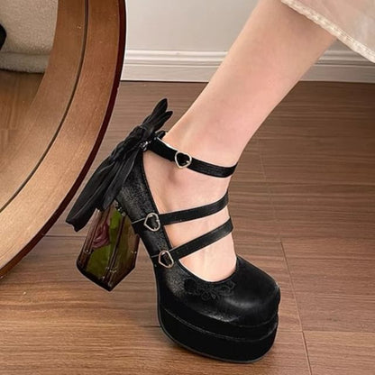 Platform Bow Floral Block Heel Mary Jane Pumps