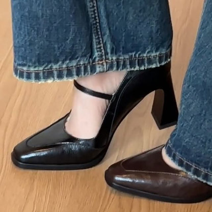 Square Toe Panel Block Heel Mary Jane Pumps