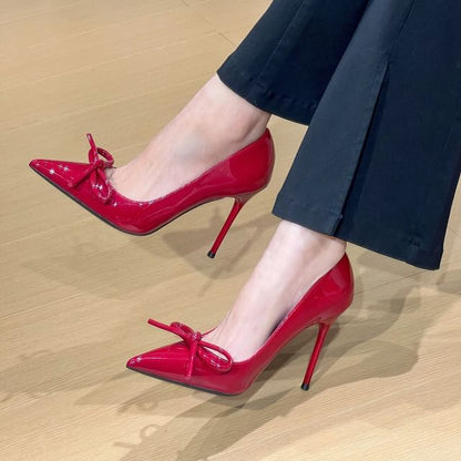 Pointed Toe Bow Patent Leather Stiletto Pumps