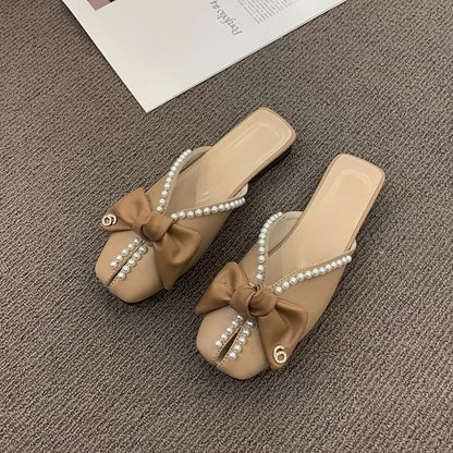 Square Toe Bow Faux Pearl Mules