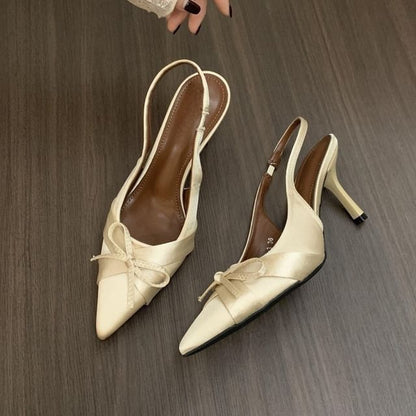 Pointed Toe Bow Satin Slingback Pumps