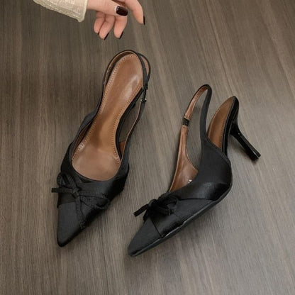 Pointed Toe Bow Satin Slingback Pumps