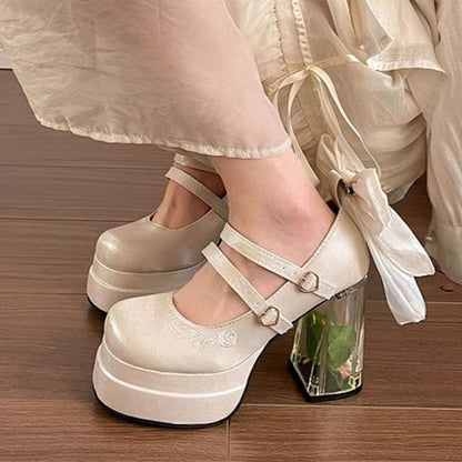 Platform Bow Floral Block Heel Mary Jane Pumps