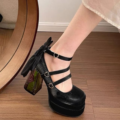 Platform Bow Floral Block Heel Mary Jane Pumps