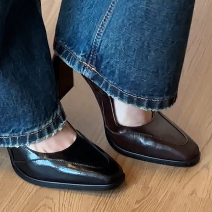 Square Toe Panel Block Heel Mary Jane Pumps