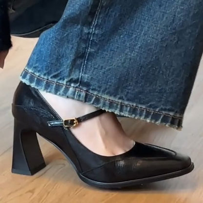 Square Toe Panel Block Heel Mary Jane Pumps