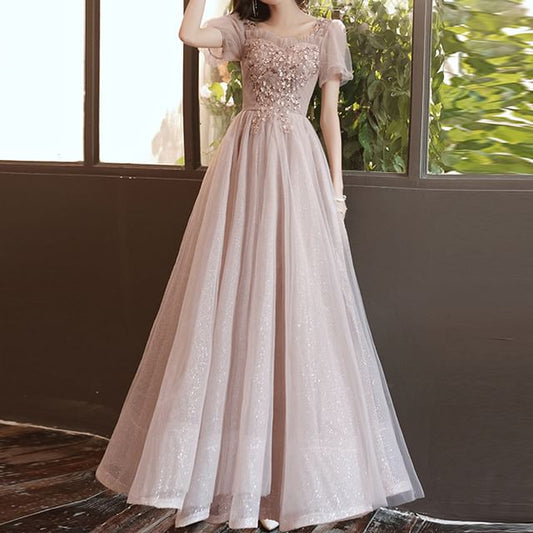 A-Line Gown Mesh Dress / Evening Short-Sleeve Sequin Midi