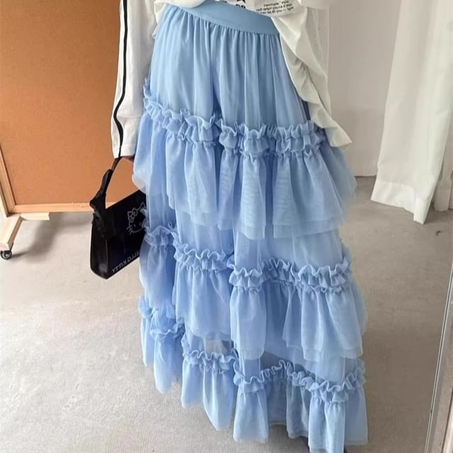Mesh Maxi Skirt with Frill Trim and High Rise