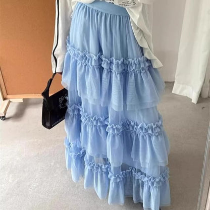 Mesh Maxi Skirt with Frill Trim and High Rise