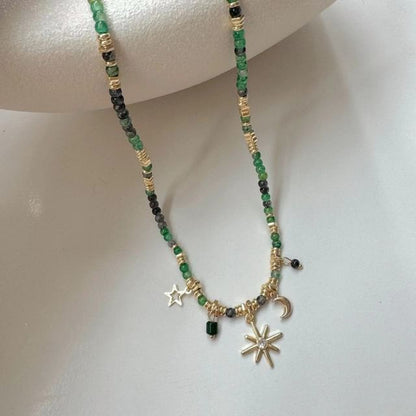 Moon & Star Pendant Faux Gemstone Bead Alloy Choker / Disc Fringed Alloy Station Choker