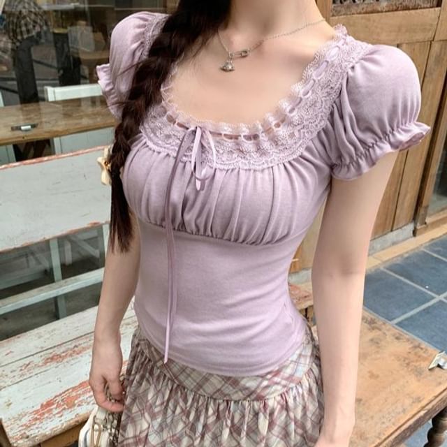 Short-Sleeve Square Neck Plain Bow Lace Trim Slim Fit Tee