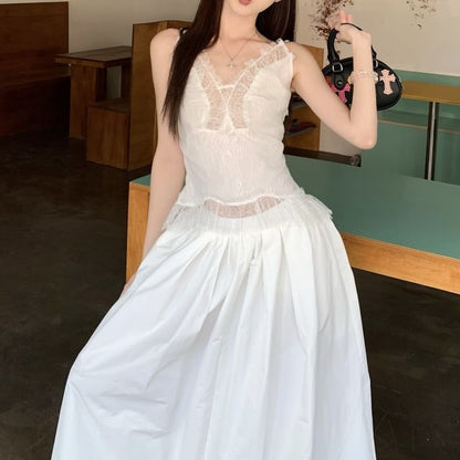 Plain Lace Panel Slim Fit Tank Top / High Rise Maxi A-Line Skirt