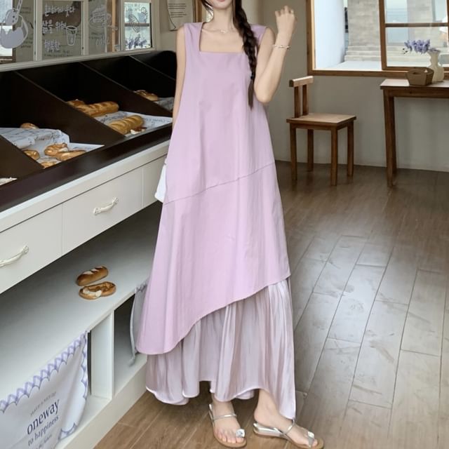 Sleeveless Square Neck Asymmetrical Paneled Midi A-Line Dress