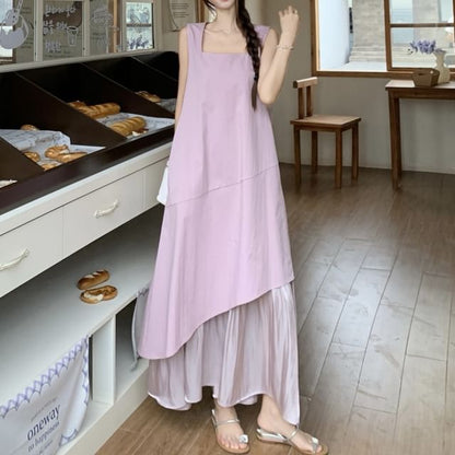 Sleeveless Square Neck Asymmetrical Paneled Midi A-Line Dress