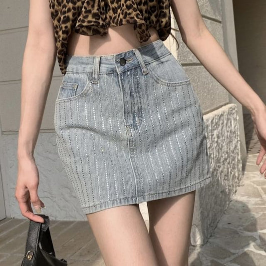 High Rise Striped Rhinestone Denim Mini Pencil Skirt