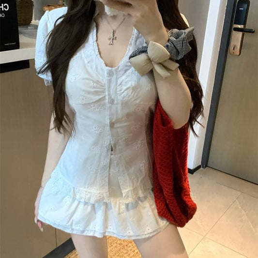 Short-Sleeve V-Neck Jacquard Ruffle Trim Slim Fit Blouse / High Rise Mini A-Line Skirt