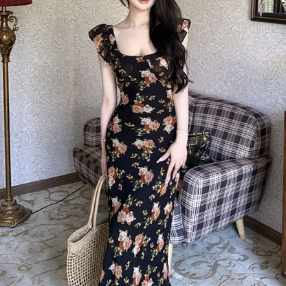 Cap-Sleeve Scoop Neck Floral Ruffle Trim Maxi Sheath Dress