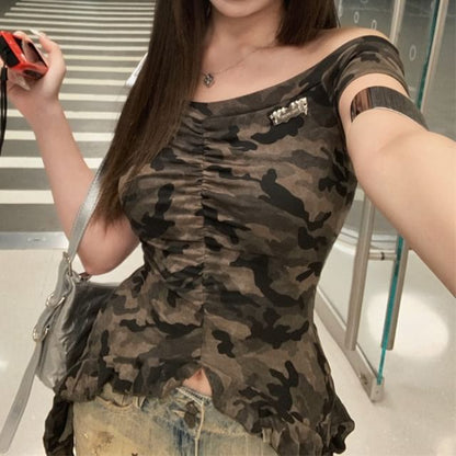 Cap-Sleeve Off-Shoulder Camo Print Asymmetrical Ruffle Trim Slim Fit Tee