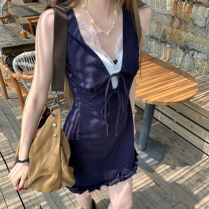 Sleeveless V-Neck Bow Lace Panel Mini A-Line Dress