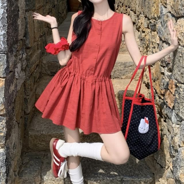 Sleeveless Round Neck Plain Button Mini A-Line Dress