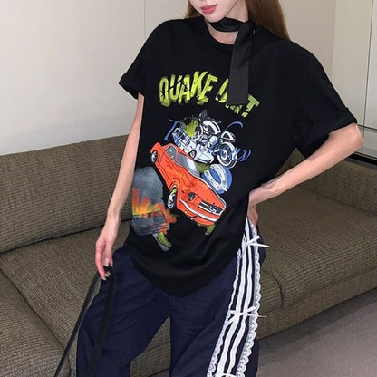 Short-Sleeve Round Neck Graphic Print Tee / Spaghetti Strap Mini Bodycon Dress