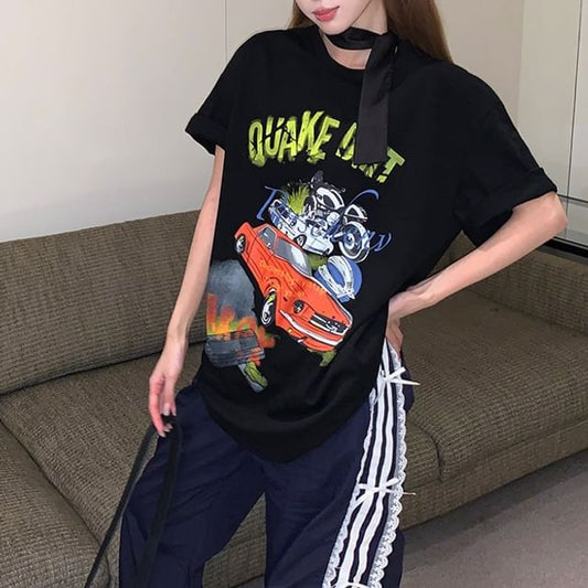 Short-Sleeve Round Neck Graphic Print Tee / Spaghetti Strap Mini Bodycon Dress