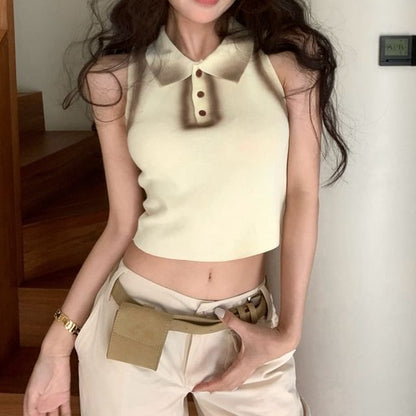Collar Henley Contrast Trim Crop Slim Fit Tank Top