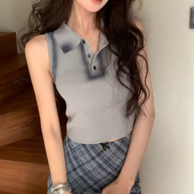 Collar Henley Contrast Trim Crop Slim Fit Tank Top