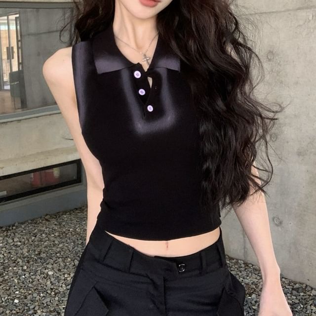 Collar Henley Contrast Trim Crop Slim Fit Tank Top