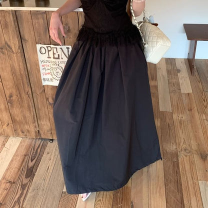 Plain Lace Panel Slim Fit Tank Top / High Rise Maxi A-Line Skirt