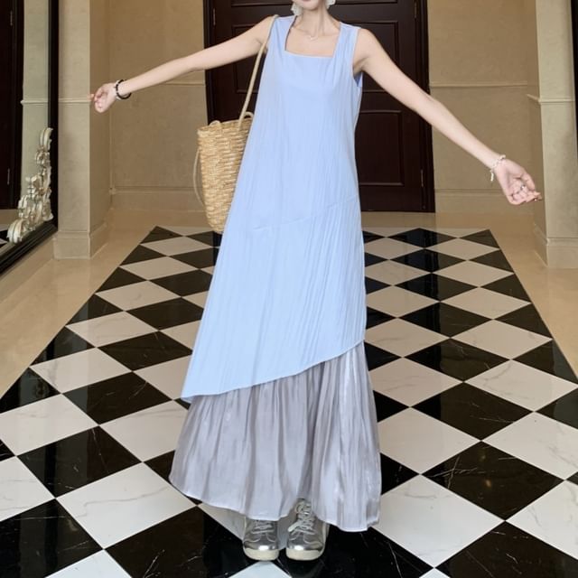 Sleeveless Square Neck Asymmetrical Paneled Midi A-Line Dress