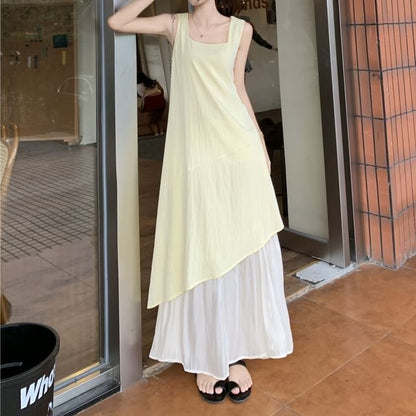 Sleeveless Square Neck Asymmetrical Paneled Midi A-Line Dress