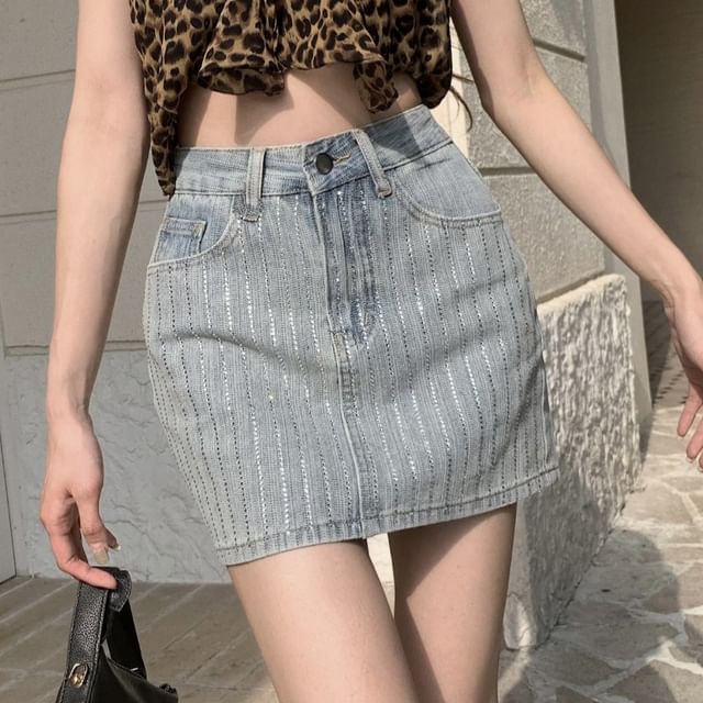 High Rise Striped Rhinestone Denim Mini Pencil Skirt