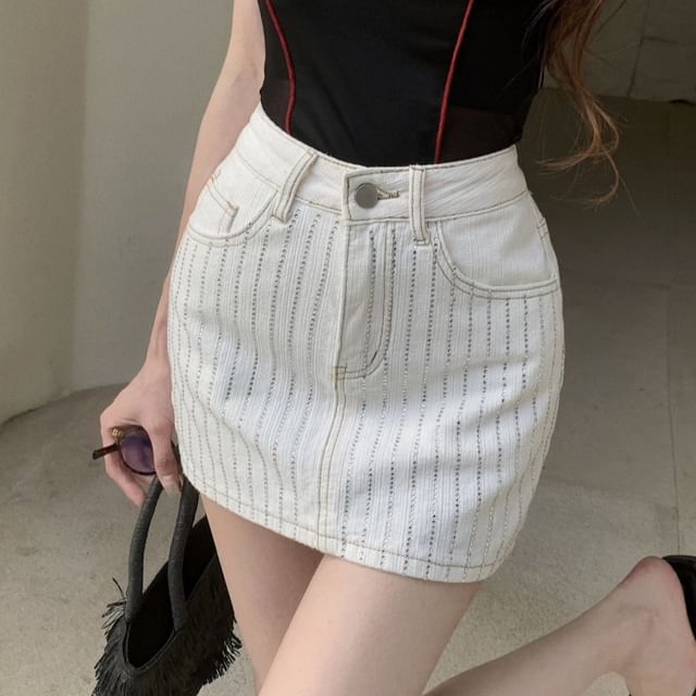 High Rise Striped Rhinestone Denim Mini Pencil Skirt