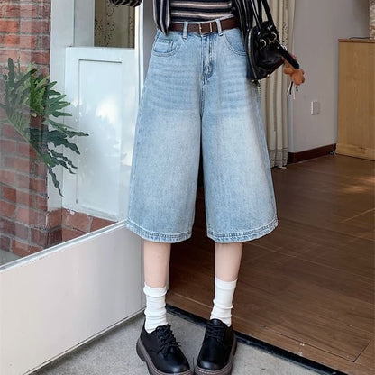 High Rise Washed Capri Wide Leg Jeans