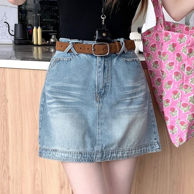 High Waist Washed Denim Mini A-Line Skirt