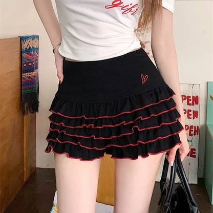 Cap-Sleeve Off-Shoulder Lettering Slim Fit Tee / High Waist Dotted Tiered Skort