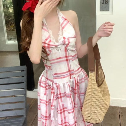 Halter Plaid Open Back Lace Panel Midi A-Line Dress