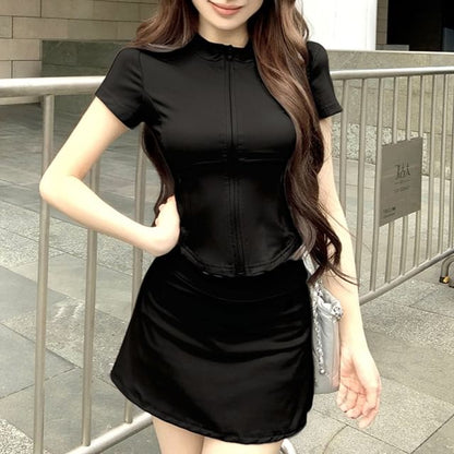 Set: Short-Sleeve Mock Neck Plain Zip Slim Fit Tee + High Waist Mini A-Line Skirt