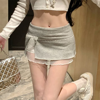 Mid Waist Bow Lace Panel Mini Pencil Skirt
